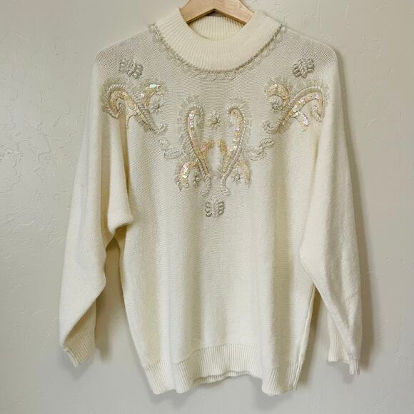 VINTAGE 80's Alfred Dunner Cream Beaded Long Sleeve Sweater - Picture 1 of 9